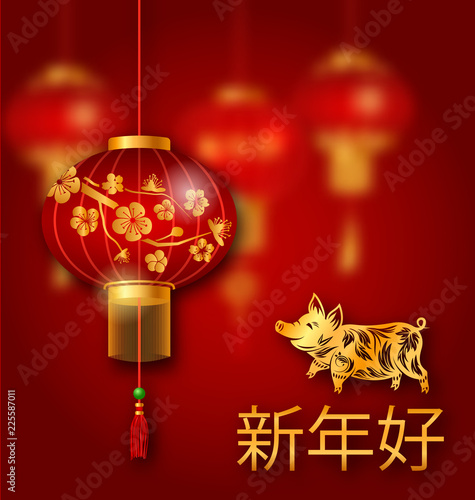Chinese New Year Pig, Lunar Greeting Card. Translation Chinese Characters Happy New Year