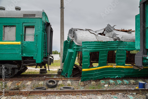 Broken train for the simulation of train accident at the training ground of the Noginsk Rescue Center. Town of Noginsk, Moscow region, Russia