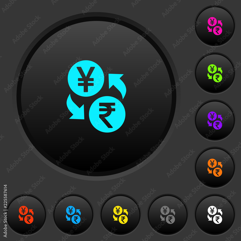 Yen Rupee money exchange dark push buttons with color icons Yen Rupee money exchange dark push buttons with color icons
