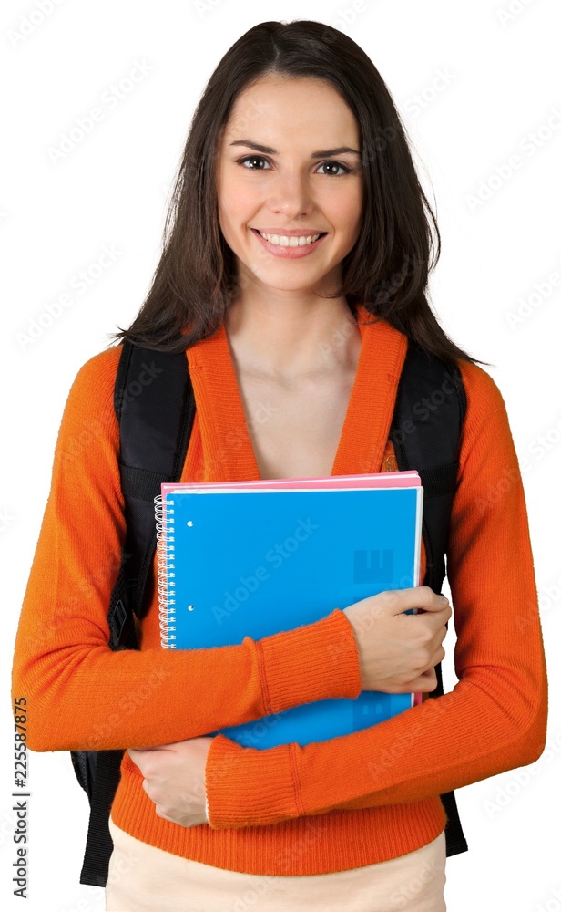 Friendly Girl with Backpack Standing and Holding Notepad - Friendly Girl with Backpack Standing and Holding Notepad -