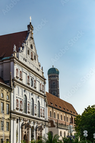 Facade of the church of St. Michael Kirche (Michaelskirche) the Archangel in the historical center of Munich, Bavaria, Germany