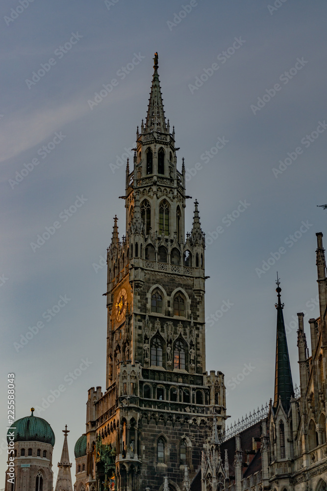 The clock tower of the new City Hall (Rathaus) in Marienplatz is a famous building in Gothic architecture - Munich, Bavaria, Germany, Europe