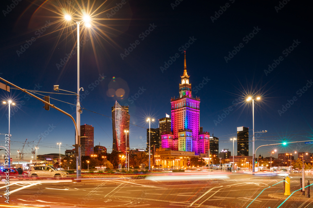  The Palace of Culture and Science and night traffic during rush hour.