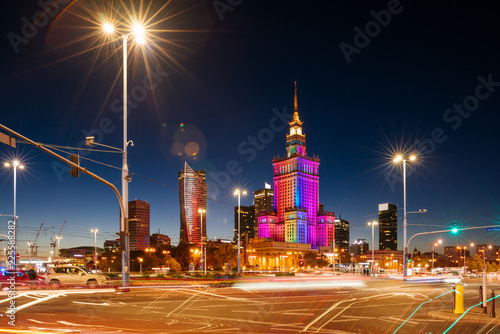  The Palace of Culture and Science and night traffic during rush hour. © fazon