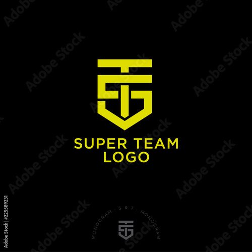 S, T letters. S and T monogram consist of gold lines looks like as shield. Intertwined letters, isolated on a dark background. Team Sports Logo.