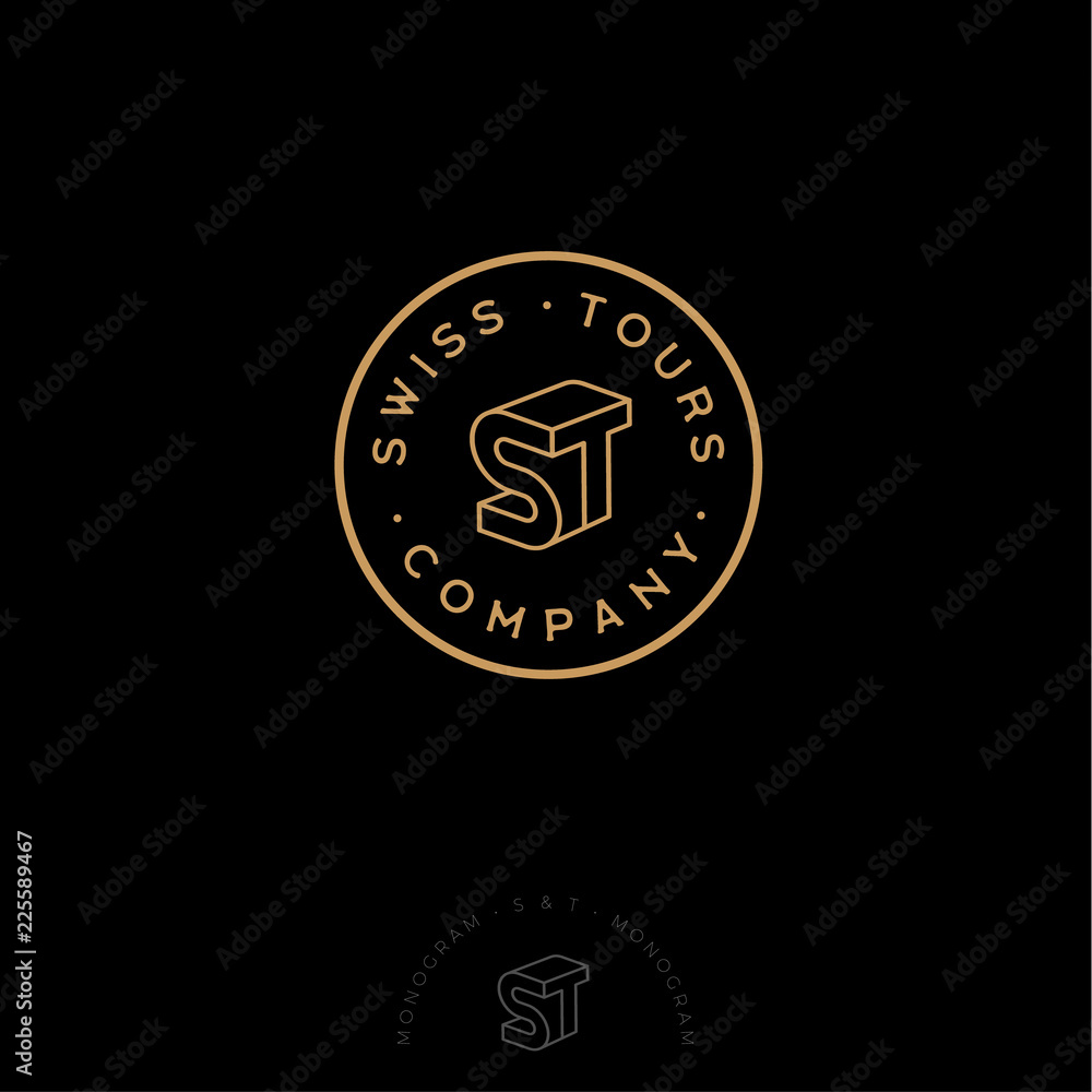 S, T monogram. S and T monogram. Swiss Tours Company logo. Gold linear emblem as 3D. S, T, letters, monogram, abstract, sign, symbol, company, label, stamp, icon, business, vintage, gold, logo, brandi