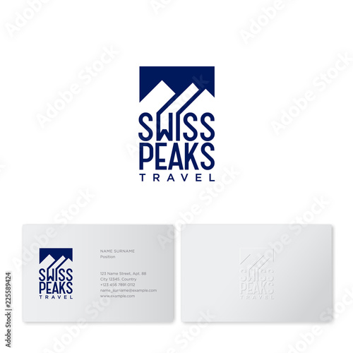 Mountains peaks and letters. Swiss Tours Company logo. Emblem for alpinism, ski resort or mountain tourism.