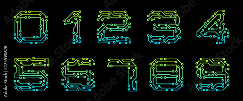 Set Numbers Made in Circuit Texture, Numerals Isolated on Black Background