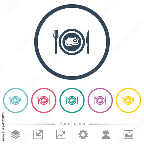 Steak for lunch flat color icons in round outlines