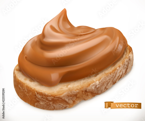 Peanut butter on bread. Caramel spread. 3d vector realistic icon