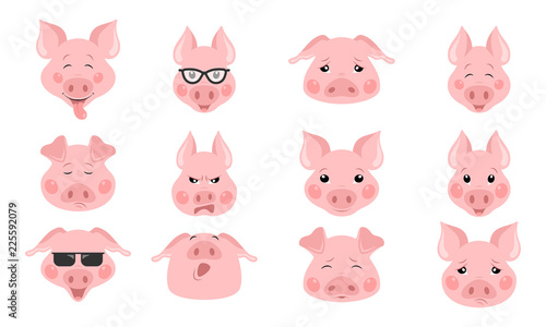 Collection of funny pig emoticon characters in different emotions. Vector set