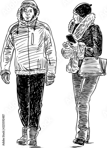 Sketch of a pair of urban dwellers walking down the street