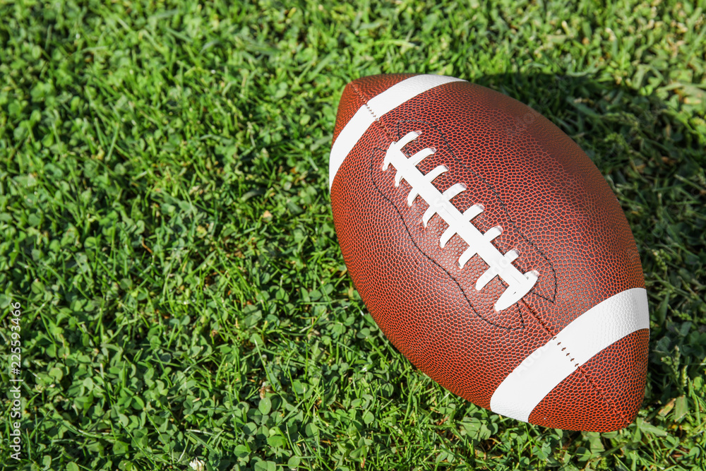 Ball for American football on fresh green field grass. Space for text Ball for American football on fresh green field grass. Space for text