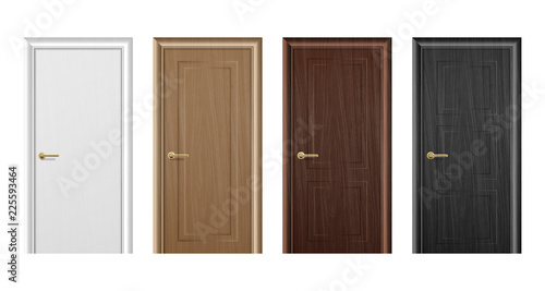 Fototapeta Naklejka Na Ścianę i Meble -  Vector realistic different closed white, brown and black wooden door icon set closeup isolated on white background. Elements of architecture. Design template for graphics. Colorful front doors to