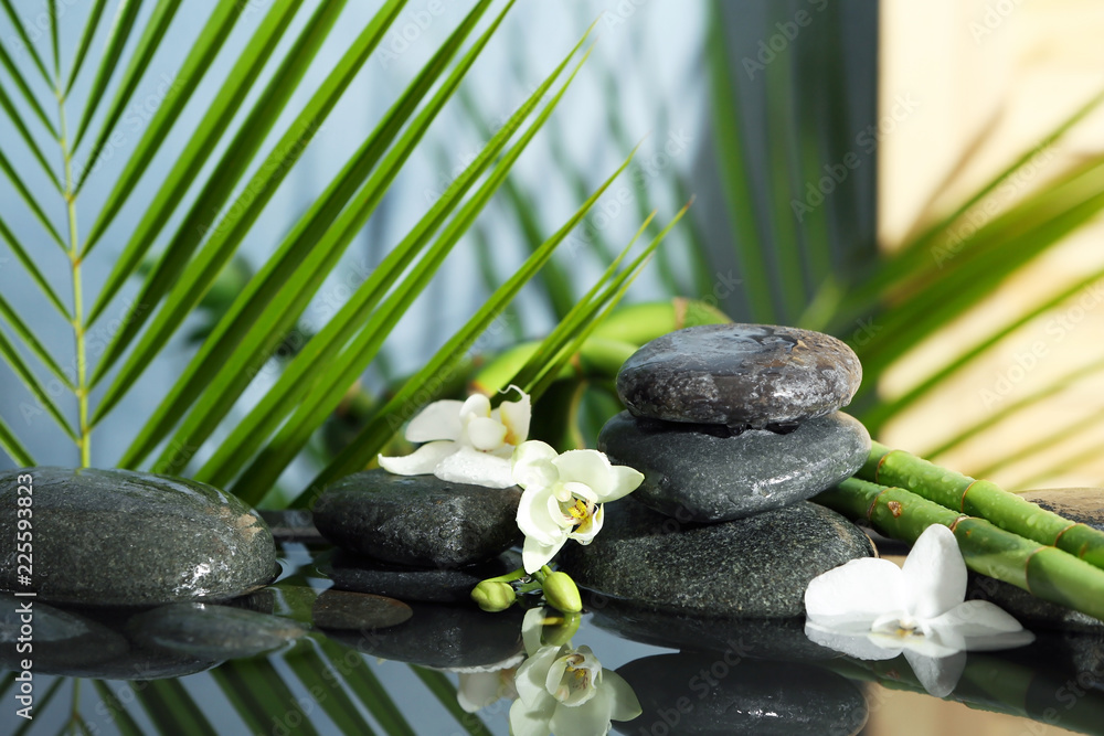 Fototapeta premium Spa stones, flowers and bamboo branches in water