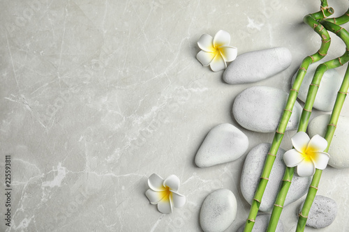 Bamboo branches  spa stones and flowers on gray background  top view. Space for text