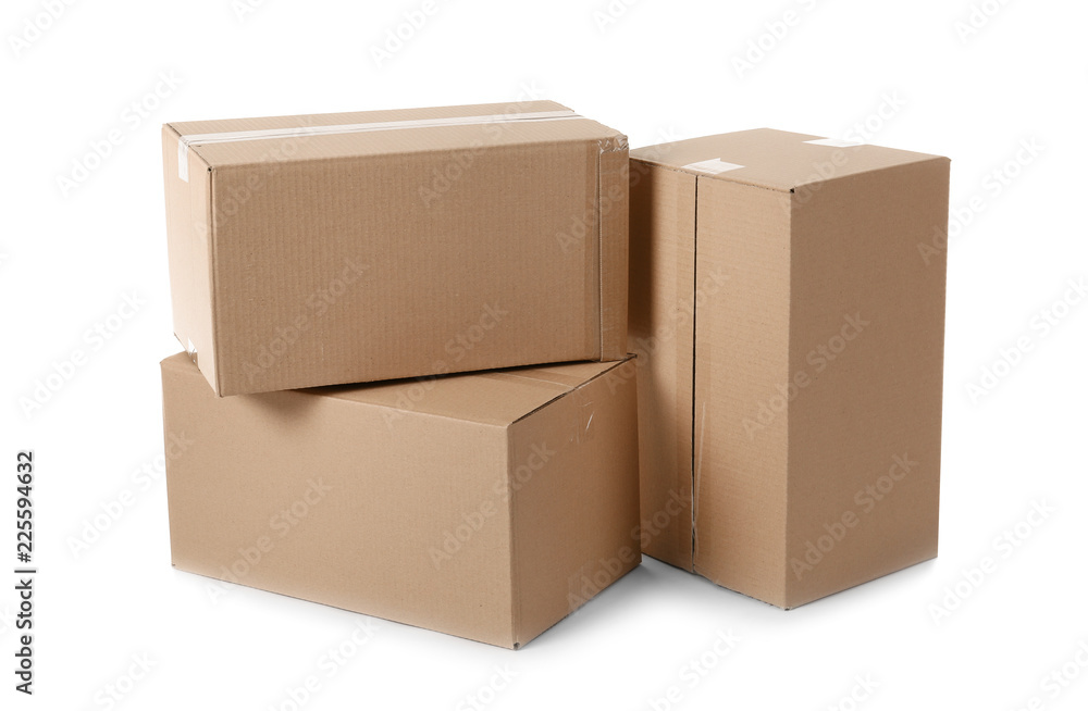 Cardboard boxes on white background. Mockup for design