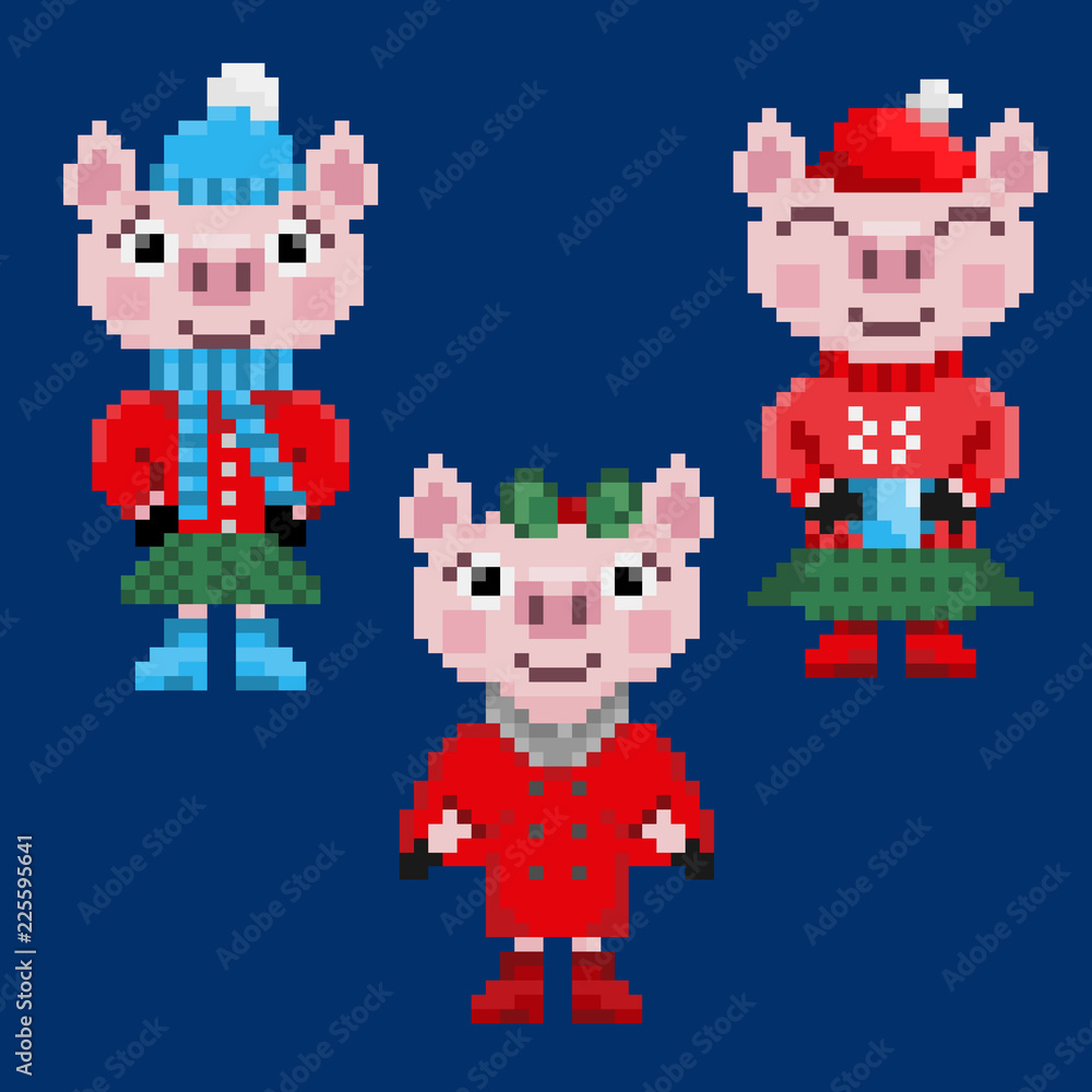 Three pixel christmas pigs in warm clothes