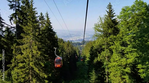 Cable Cars also known as gondola forming a staright line in the forest transport to the peak photo