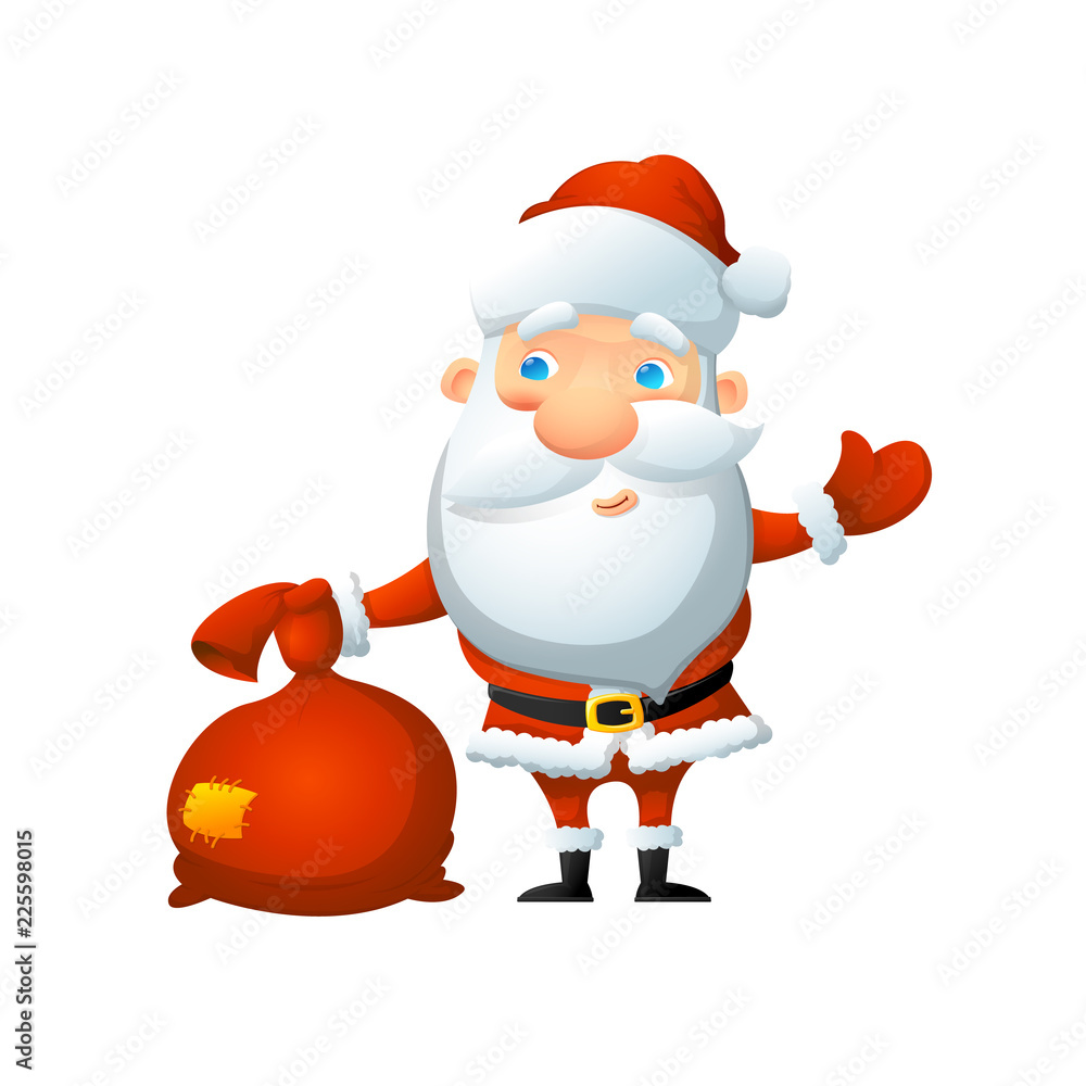 Obraz premium Cartoon cute Santa Claus, with a bag of gifts in his hand. stickers instagram story icons