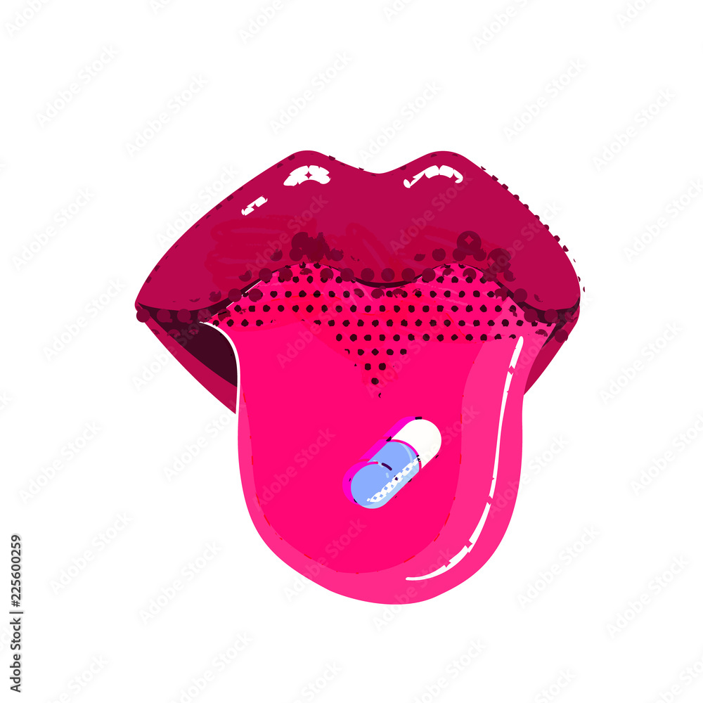 Pill in woman's mouth. Facial expression concept Pill in woman's mouth. Facial expression concept