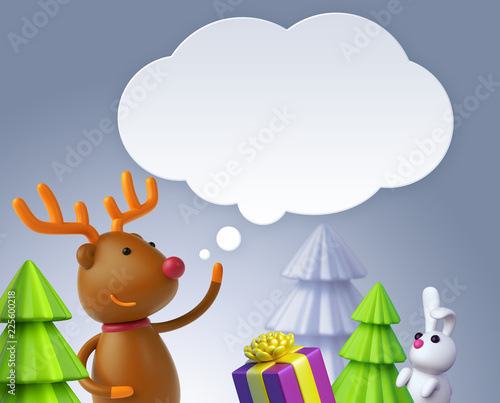 3d render  Christmas reindeer  deer  moose  talking balloon  greeting card  festive template  holiday silver background  digital illustration