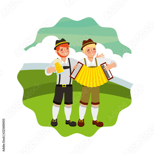 bavarian men with beer and accordion landscape
