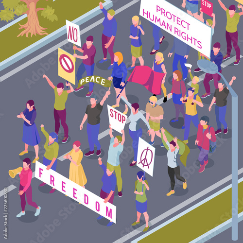 Protesting People Procession Isometric Illustration