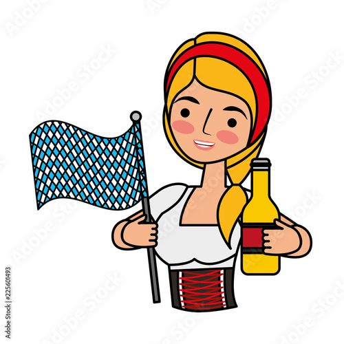 bavarian woman holding bottle beer and flag