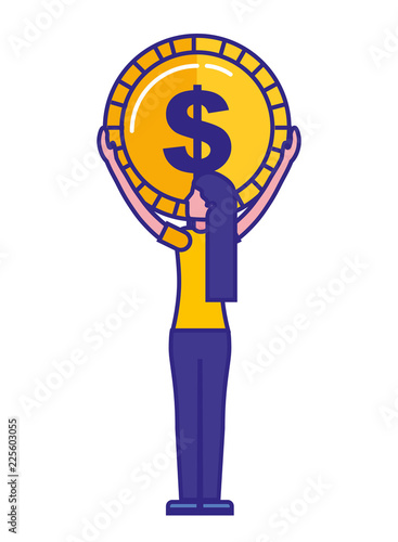 woman backview holding big coin dollar