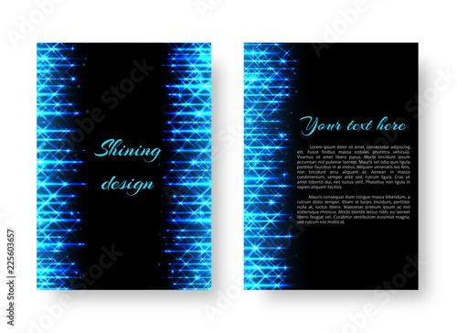 Rectangular template for the design of the postcard with bright neon stripes of blue light for the New Year's decoration