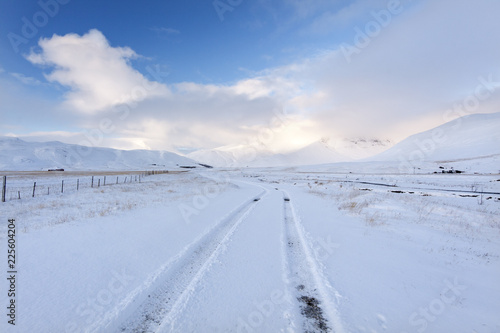 Lonely winter road./ Amazing landscape with country road, mountains and snow in south Iceland © Mateusz Liberra