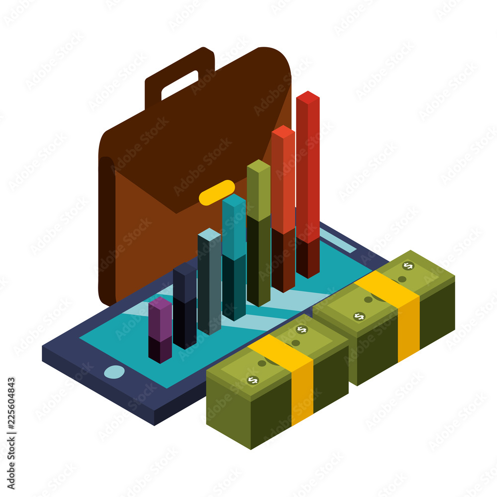 smartphone with statistic graphic and set icons smartphone with statistic graphic and set icons