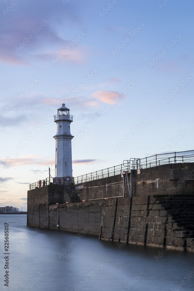 Newhaven Lighthouse at sunset in Edinburgh