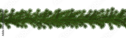 Green Christmas border of pine branch, seamless vector isolated on white background. Xmas garland de