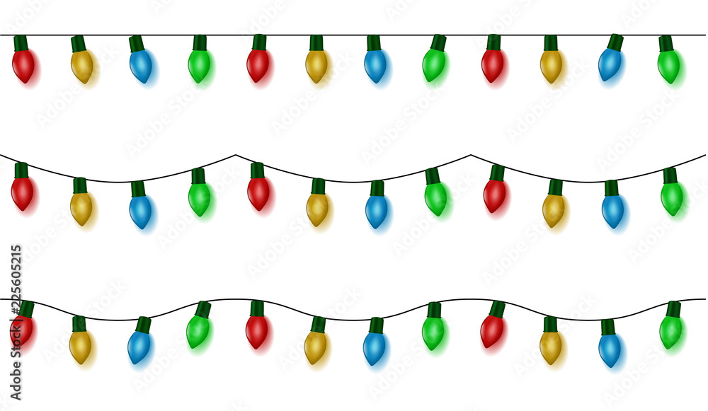 Christmas lights string vector, color garland set isolated on white. Garland balls seamless. Hanging