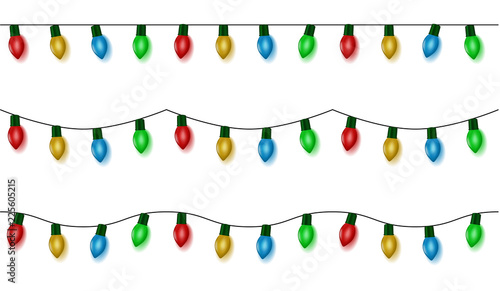 Christmas lights string vector, color garland set isolated on white. Garland balls seamless. Hanging