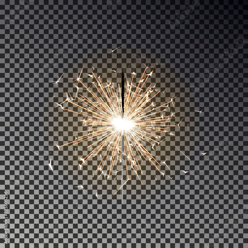Bengal fire. New year sparkler candle isolated on transparent background. Realistic vector light eff