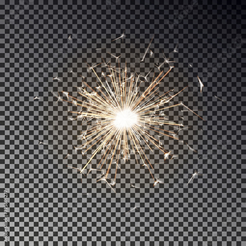 Bengal fire. New year sparkler candle isolated on transparent background. Realistic vector light eff