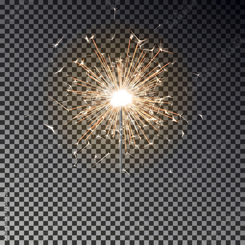 Bengal fire. New year sparkler candle isolated on transparent background. Realistic vector light eff