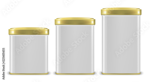 Vector realistic 3d white blank metal aluminium tin can containers with gold cap different size - small, medium and big - icon set closeup isolated on white background. Design template for graphics