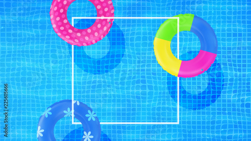 Swim rings on swimming pool water background. Frame for text. Inflatable rubber toy. Realistic summertime illustration. Summer vacation or trip concept. Top view swimming circles.