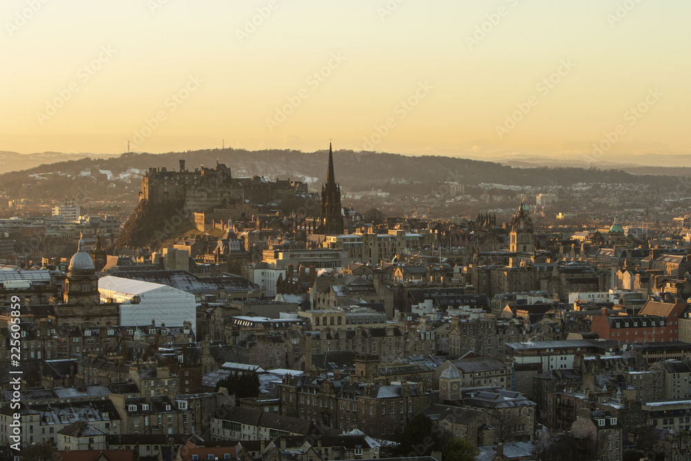Edinburgh Castle skyline in golden light seen from Arthur's Seat