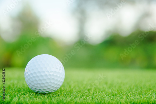 Golf ball on green grass ready to play at golf course. with copy space