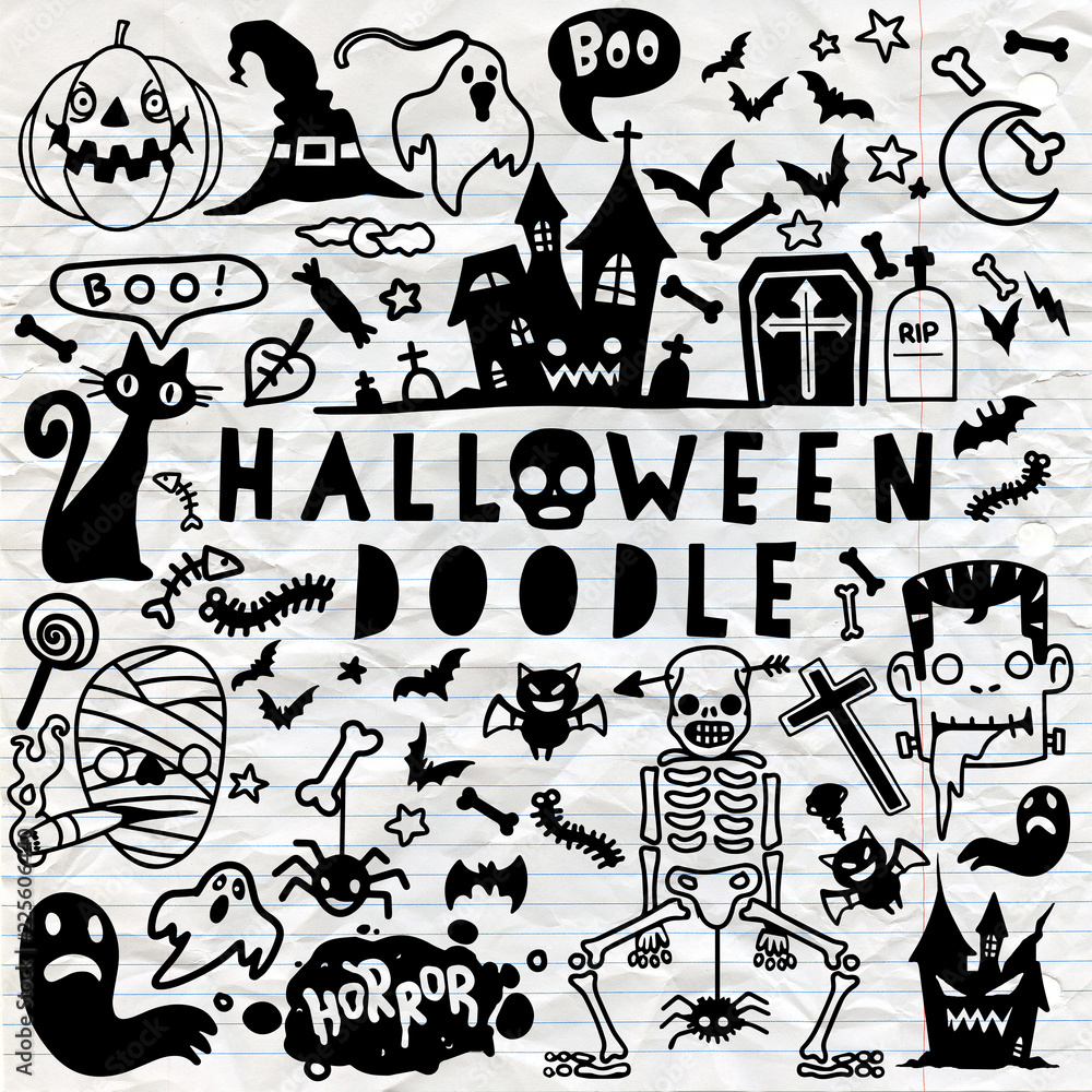 Premium Vector, Set doodle drawing hand drawn halloween black and white