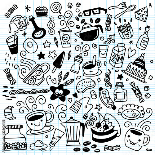 Collection of hand drawn outline buffet style breakfast , isolat