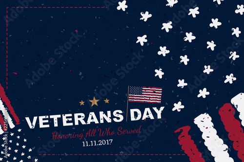 Veterans Day. Greeting card with USA flag on background with texture. National American holiday event. Flat vector illustration EPS10