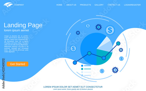 Website landing page vector template. Blue-white background with flat style business concept illustration