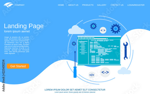 Website landing page vector template. White-blue abstract background with application development flat design style illustration