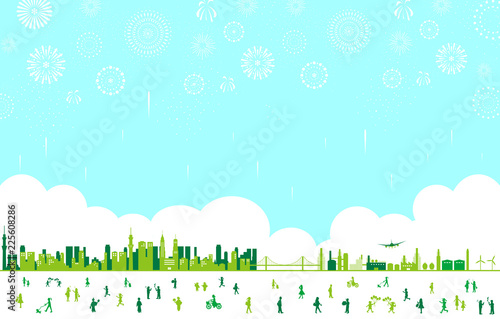 都市　人物　花火　風景